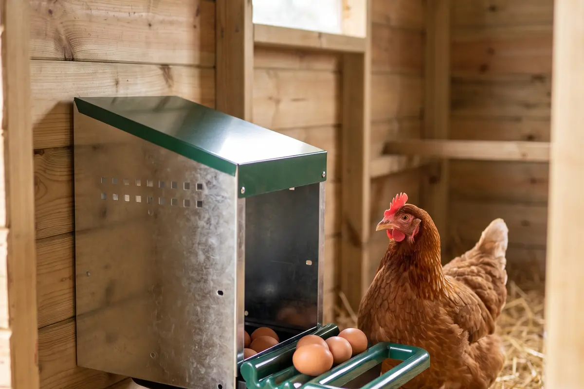 Гнездо для кур HobbyFarm с яйцесборником в курятнике, курица и яйца в лотке